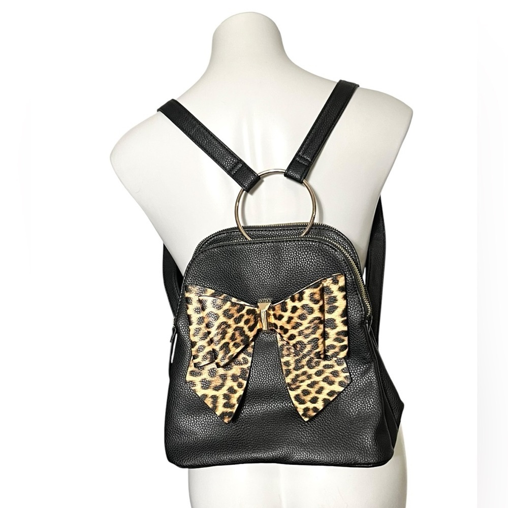 Crossi Jenna Black Vegan Leather Backpack with Leopard Bow